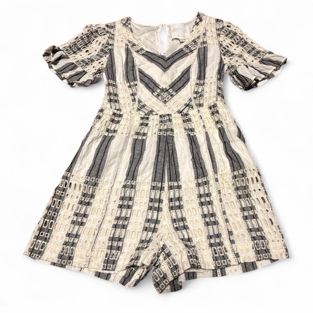 Ett:twa Anthropologie Romper Womens 2 Gray Ivory Cotton Boho Short Sleeve